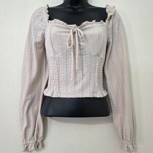 Puff Sleeve Eyelet Milkmaid Crop Top Sz M Long Sleeve Smocked Cottage Peasant